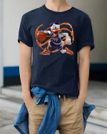 Funny Duck Basketball Dribble Cool Graphic T-Shirt - model wearing navy tee with hands in pockets