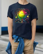 Neon Drip Tennis Ball Color Splash Graphic T-Shirt - model wearing navy tee with hands in pockets