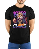 King Of Claws Tiger Streetwear Graphic T-Shirt - model wearing black tee with hands behind back