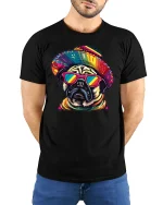 Fiesta Pug Cool Mexican Style Funny Graphic T-Shirt - model wearing black tee with hands behind back