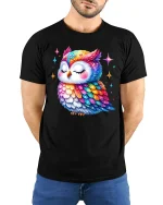 Colorful Galaxy Owl Cute Graphic Art T-Shirt - model wearing black tee with hands behind back