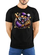 Savage Tiger Baseball Champion Graphic T-Shirt - model wearing black tee with hands behind back