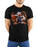 Funny Duck Basketball Dribble Cool Graphic T-Shirt - model wearing black tee with hands behind back