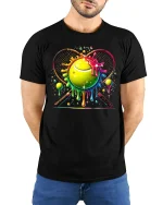 Neon Drip Tennis Ball Color Splash Graphic T-Shirt - model wearing black tee with hands behind back