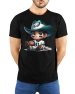 Cute Cowboy Football Player Cartoon Graphic Tee - model wearing black tee with hands behind back