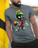 Space Hooper Alien Basketball Graphic Tee - model wearing grey tee, leaning on column