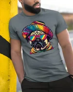 Fiesta Pug Cool Mexican Style Funny Graphic T-Shirt - model wearing grey tee, leaning on column