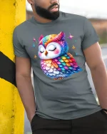 Colorful Galaxy Owl Cute Graphic Art T-Shirt - model wearing grey tee, leaning on column