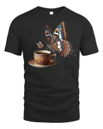 Butterfly Coffee Cup Elegant Art Graphic T-Shirt - black t-shirt on white background