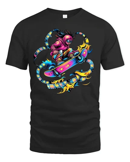 Neon Skateboard Rider Cool Extreme Sports Graphic Tee - black t-shirt on white background