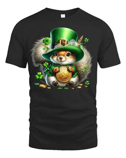 Lucky Squirrel Leprechaun Gold Coin St Patrick Tee - black t-shirt on white background