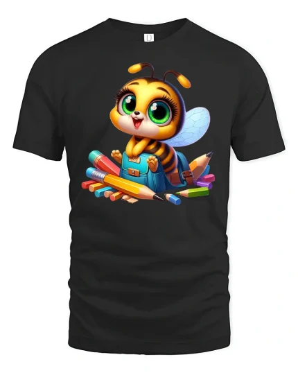 Cute School Bee Artist T-Shirt With Colorful Pencils - black t-shirt on white background