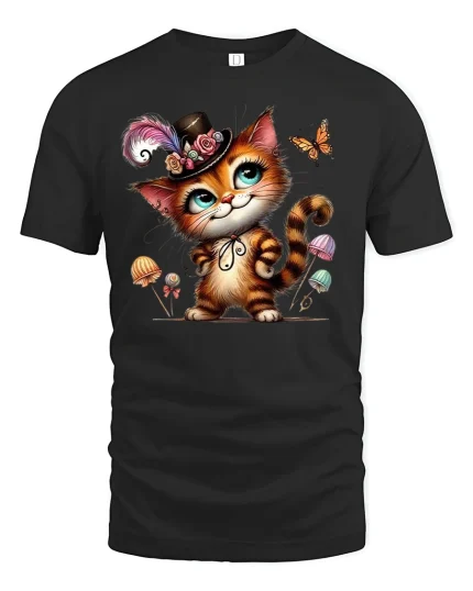 Fancy Cat With Hat And Butterfly Cute Graphic T-Shirt - black t-shirt on white background