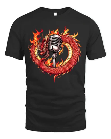 Fire Dragon And Microphone Music Lover Graphic T-Shirt - black t-shirt on white background
