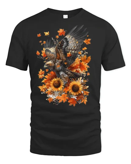 Autumn Eagle Sunflower Fall Season Graphic T-Shirt - black t-shirt on white background