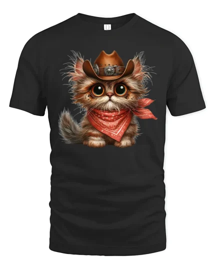 Cowboy Cat With Bandana Funny Western Graphic Tee - black t-shirt on white background