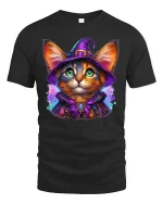 Magical Witch Cat Halloween Cute Spooky Graphic Tee - black t-shirt on white background