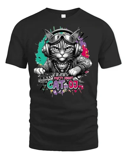 Party Night Cat DJ Funny Music Lover Graphic T-Shirt - black t-shirt on white background
