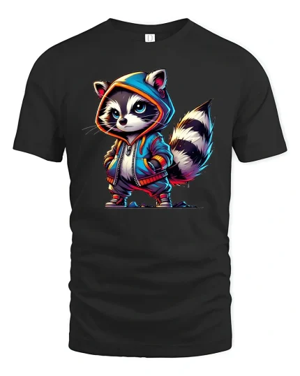 Cool Raccoon With Hoodie Funny Streetwear Graphic Tee - black t-shirt on white background