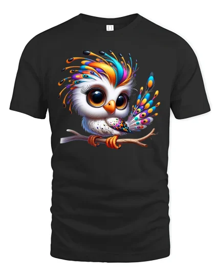 Colorful Owl With Big Eyes Cute Art Graphic T-Shirt - black t-shirt on white background