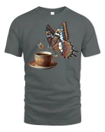 Butterfly Coffee Cup Elegant Art Graphic T-Shirt - gray t-shirt on white background