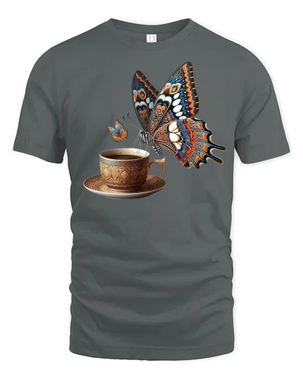 Butterfly Coffee Cup Elegant Art Graphic T-Shirt - gray t-shirt on white background