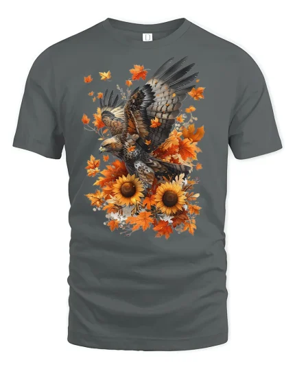 Autumn Eagle Sunflower Fall Season Graphic T-Shirt - gray t-shirt on white background