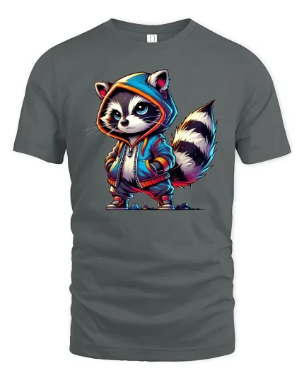 Cool Raccoon With Hoodie Funny Streetwear Graphic Tee - gray t-shirt on white background