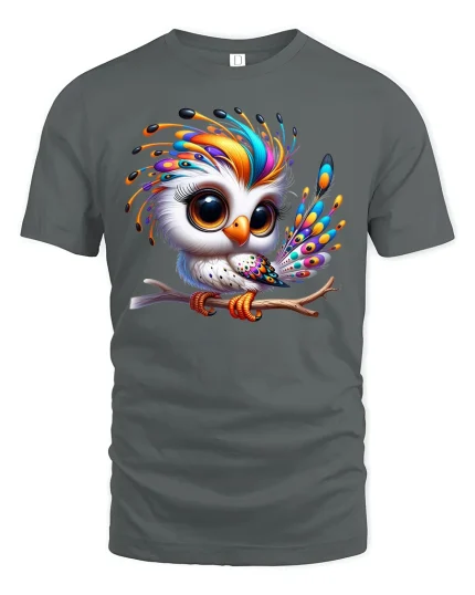 Colorful Owl With Big Eyes Cute Art Graphic T-Shirt - gray t-shirt on white background