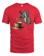 Butterfly Coffee Cup Elegant Art Graphic T-Shirt - red t-shirt on white background