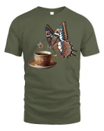 Butterfly Coffee Cup Elegant Art Graphic T-Shirt - military green t-shirt on white background