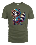 Cool Raccoon With Hoodie Funny Streetwear Graphic Tee - military green t-shirt on white background
