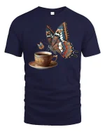 Butterfly Coffee Cup Elegant Art Graphic T-Shirt - navy t-shirt on white background
