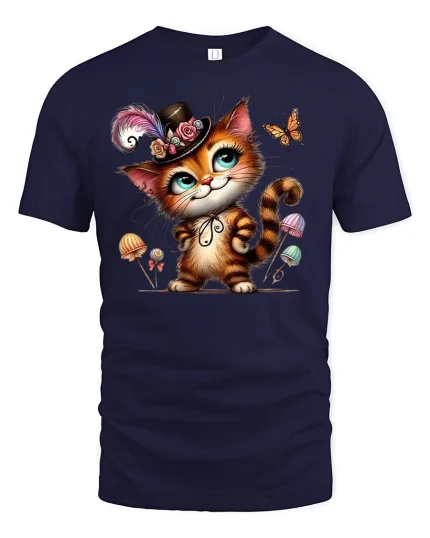 Fancy Cat With Hat And Butterfly Cute Graphic T-Shirt - navy t-shirt on white background
