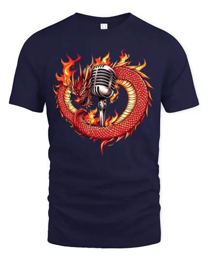 Fire Dragon And Microphone Music Lover Graphic T-Shirt - navy t-shirt on white background