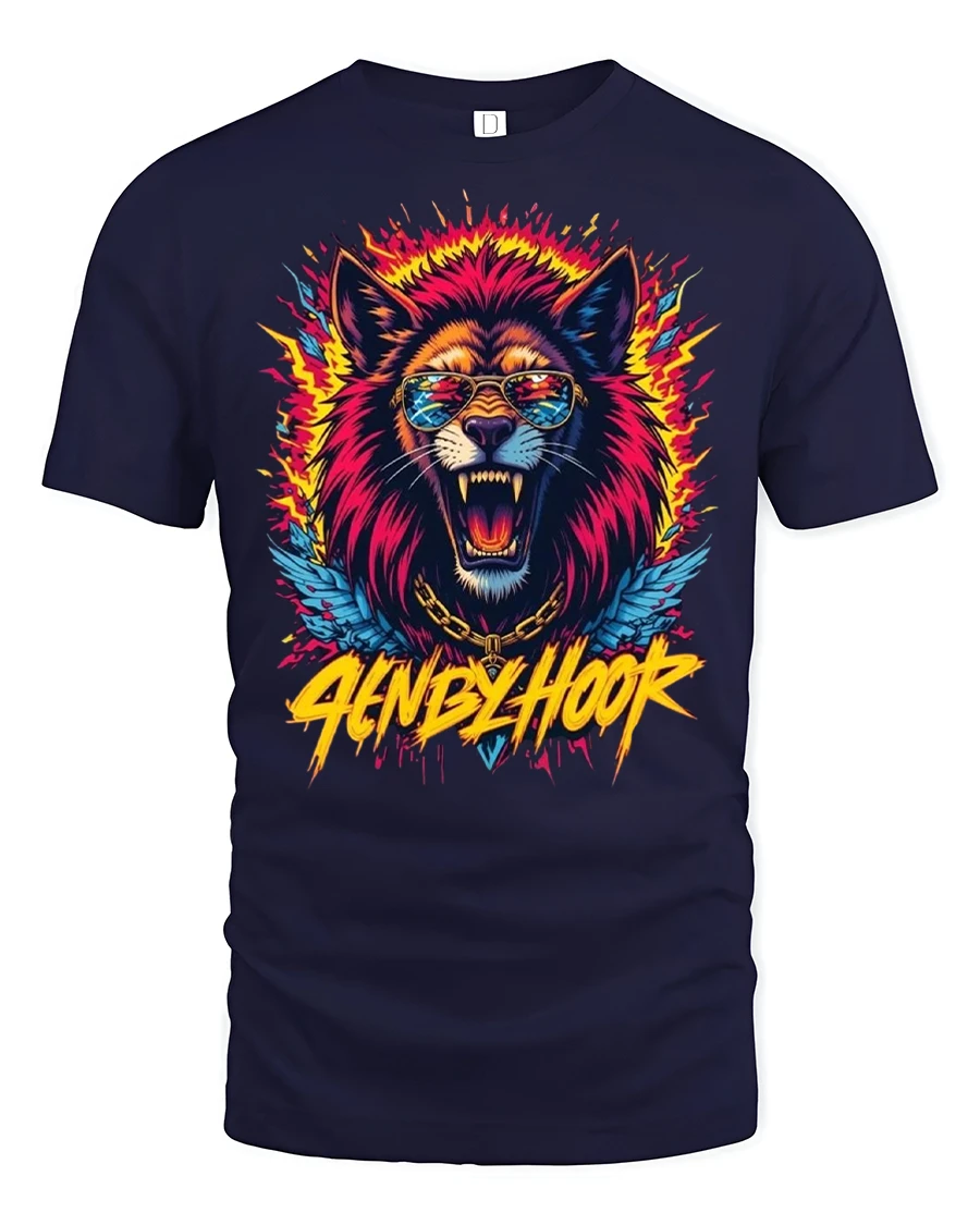 Neon Wolf Sunglasses Graphic Street Style T-Shirt - 1 Neon Wolf Sunglasses Graphic Street Style T-Shirt - navy t-shirt on white background