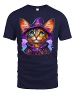 Magical Witch Cat Halloween Cute Spooky Graphic Tee - navy t-shirt on white background