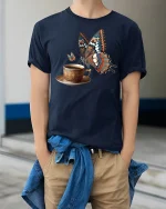Butterfly Coffee Cup Elegant Art Graphic T-Shirt - model wearing navy tee with hands in pockets