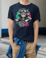 Party Night Cat DJ Funny Music Lover Graphic T-Shirt - model wearing navy tee with hands in pockets