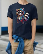 Cool Raccoon With Hoodie Funny Streetwear Graphic Tee - model wearing navy tee with hands in pockets