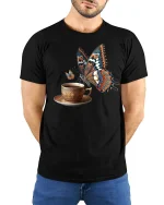 Butterfly Coffee Cup Elegant Art Graphic T-Shirt - model wearing black tee with hands behind back