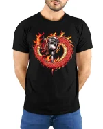 Fire Dragon And Microphone Music Lover Graphic T-Shirt - model wearing black tee with hands behind back