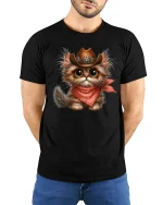 Cowboy Cat With Bandana Funny Western Graphic Tee - model wearing black tee with hands behind back