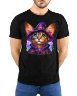 Magical Witch Cat Halloween Cute Spooky Graphic Tee - model wearing black tee with hands behind back