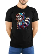 Cool Raccoon With Hoodie Funny Streetwear Graphic Tee - model wearing black tee with hands behind back