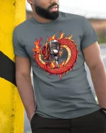 Fire Dragon And Microphone Music Lover Graphic T-Shirt - model wearing grey tee, leaning on column