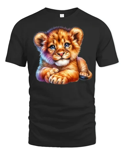 Cute Baby Lion T-Shirt - Adorable Wild Cub Art Tee - black t-shirt on white background