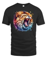 Roaring Colorful Lion T-Shirt - Bold Wild Power Art - black t-shirt on white background