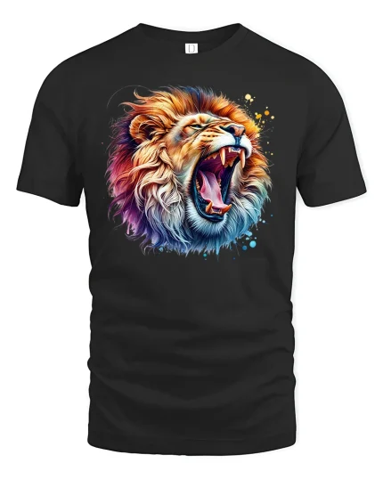 Roaring Colorful Lion T-Shirt - Bold Wild Power Art - black t-shirt on white background