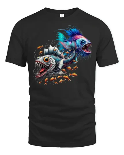 Deep Sea Predator Fish T-Shirt - Wild Ocean Power Art - black t-shirt on white background